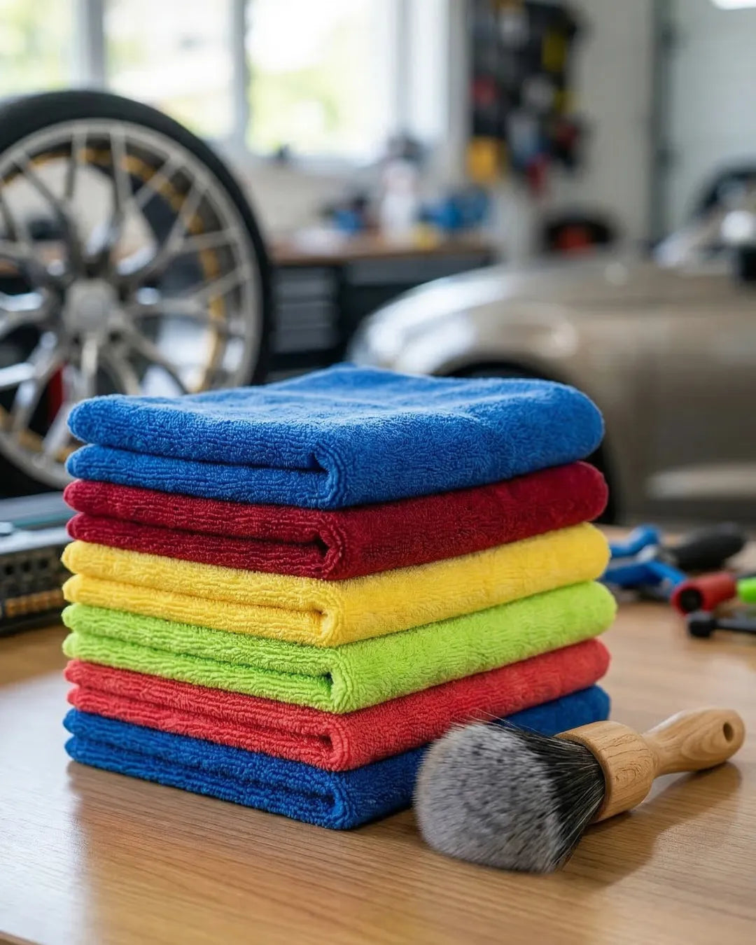 Neatly folded plush microfiber towels and a detailing brush.