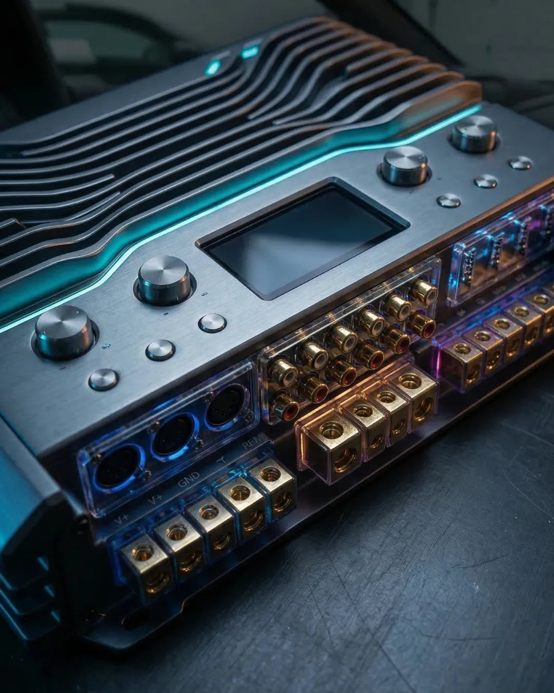 High-end car audio digital signal processor with illuminated ports.