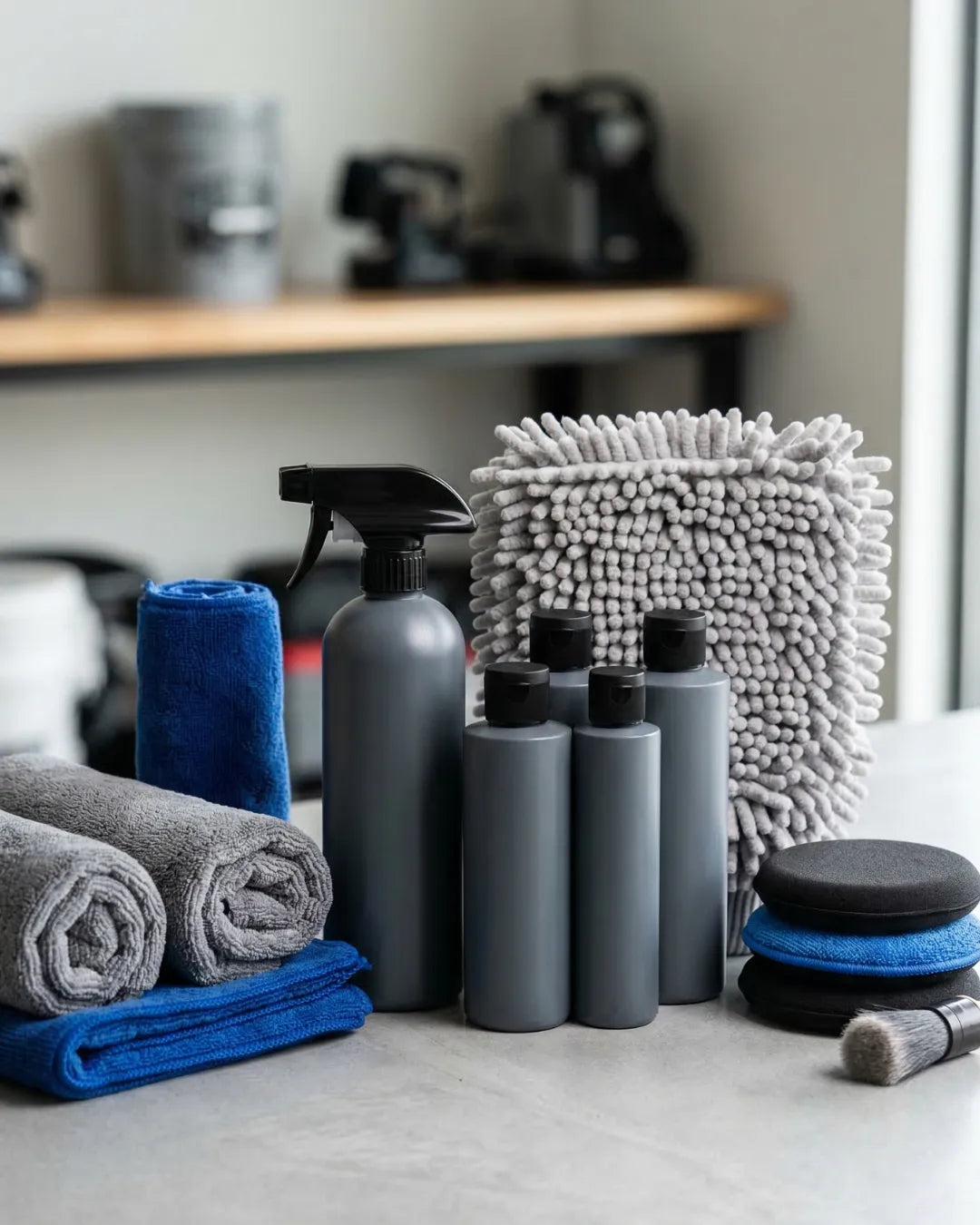 Complete premium auto detailing kit with cleaning bottles and microfiber towels.