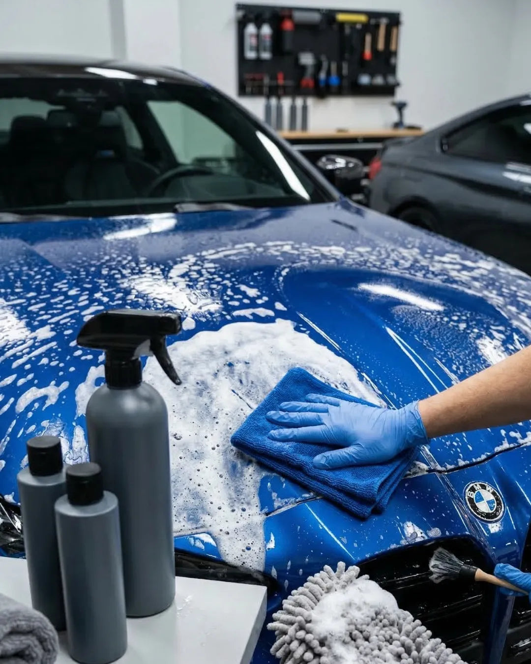 Thick snow foam soap applied to a clean car exterior during a wash.