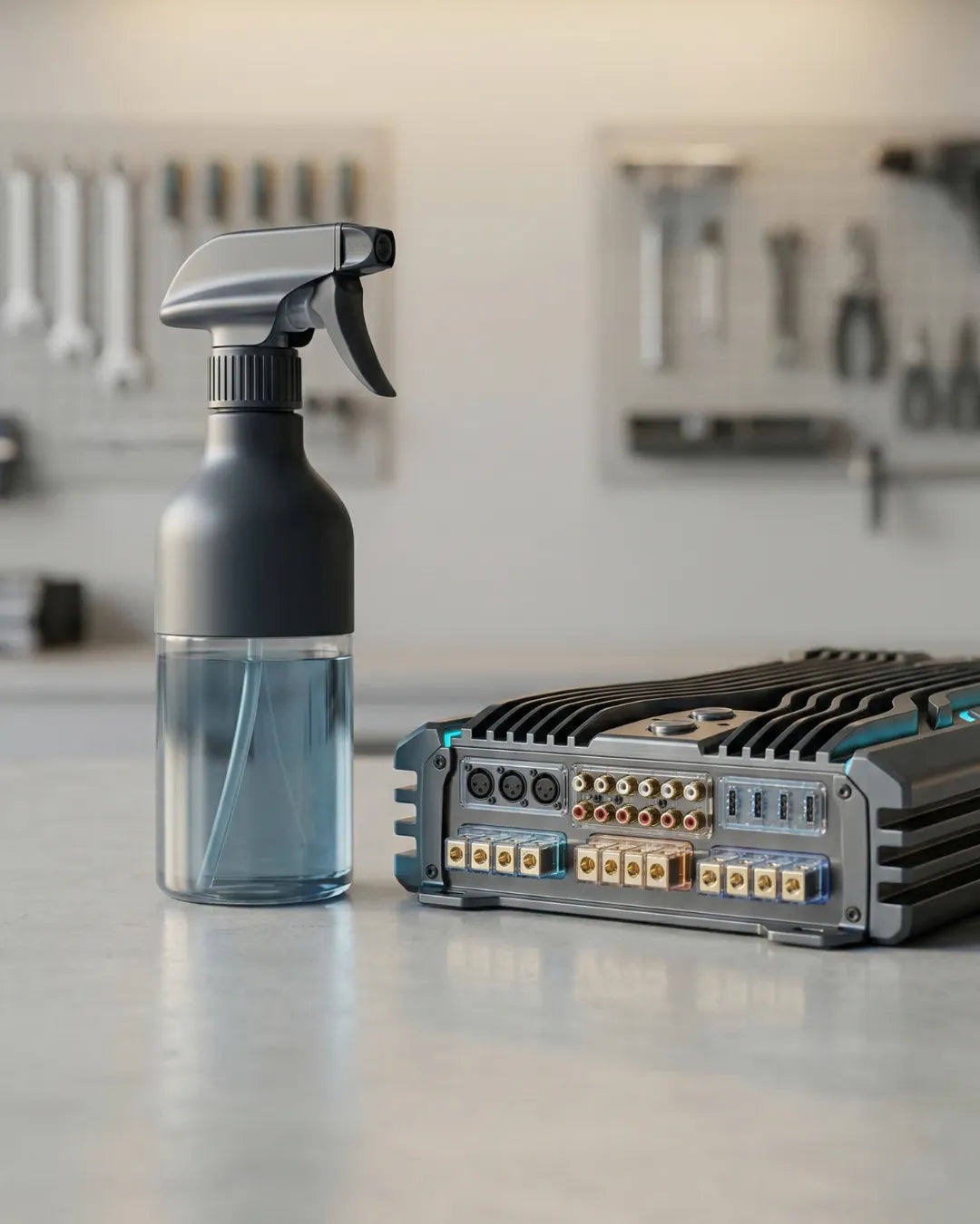 A premium detailing spray bottle displayed next to a car audio amplifier.