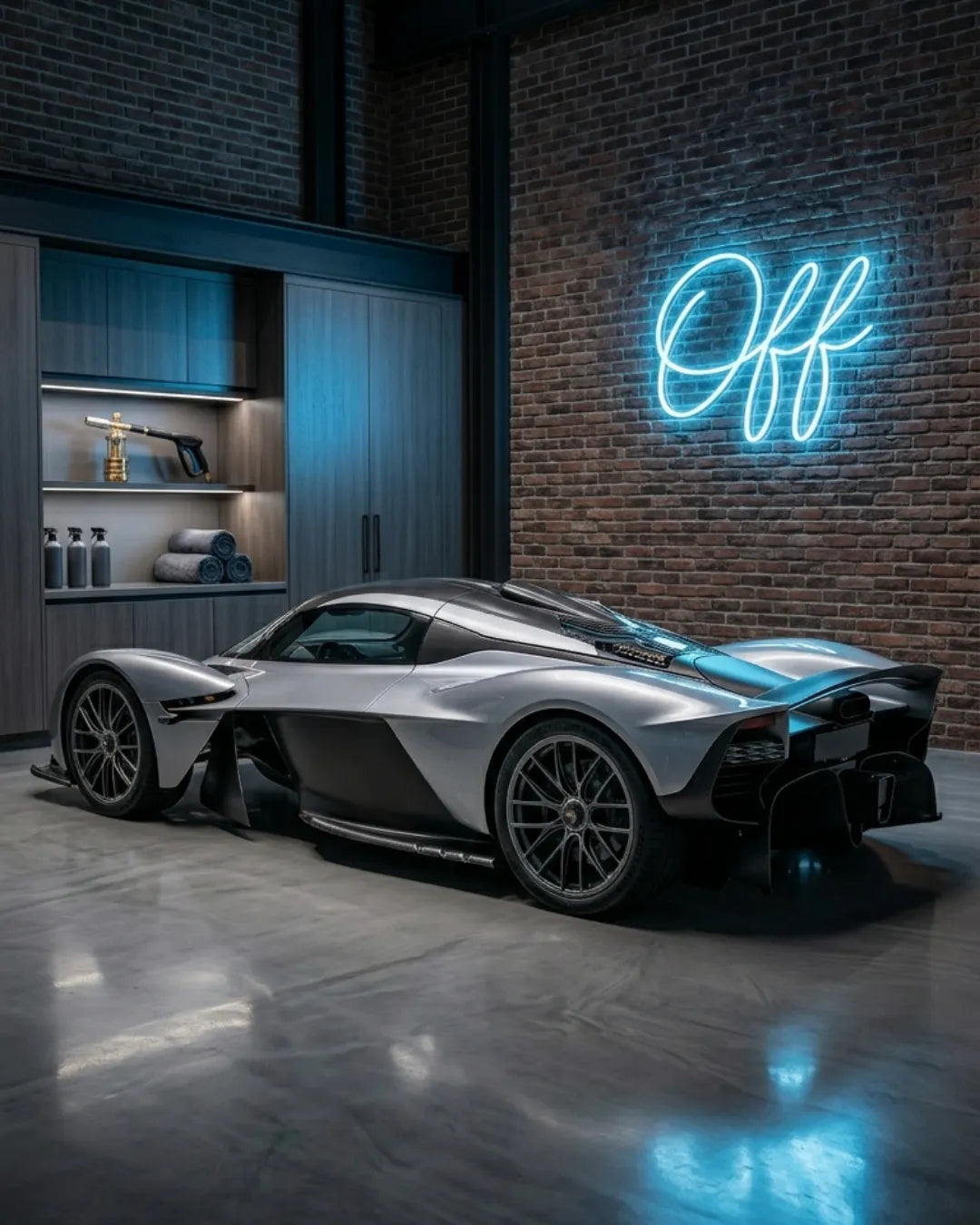 A high-end sports car in a modern garage with a stylized blue neon sign on the wall reading 'Off'