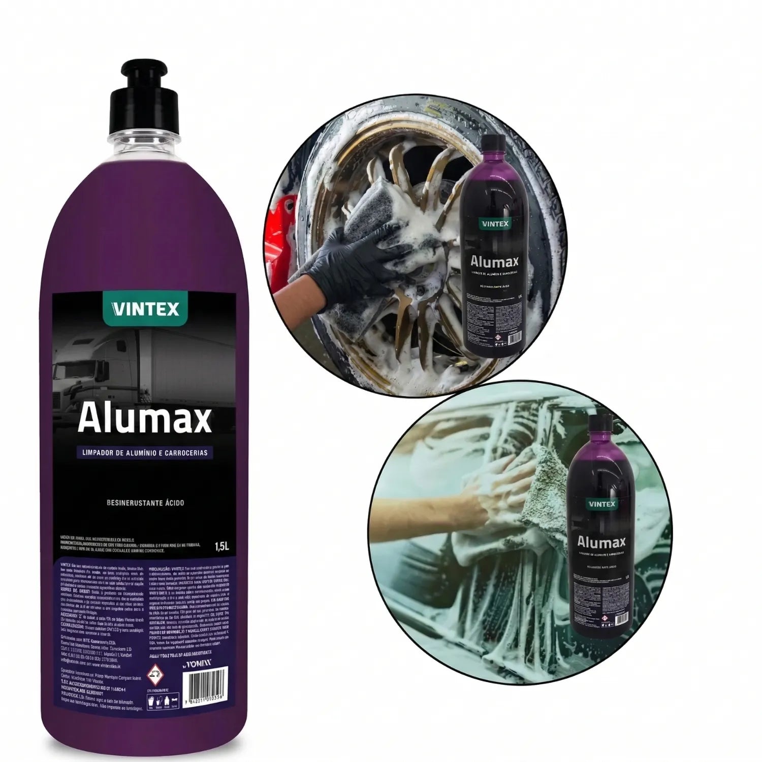 Vintex Alumax acid-based descaler breaking down crusted oxidation on aluminum wheels and engine bay