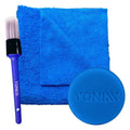 Essential Interior Detailing Kit featuring a 300 GSM edgeless microfiber towel, Vonixx detailing brush, and microfiber applicator pad.