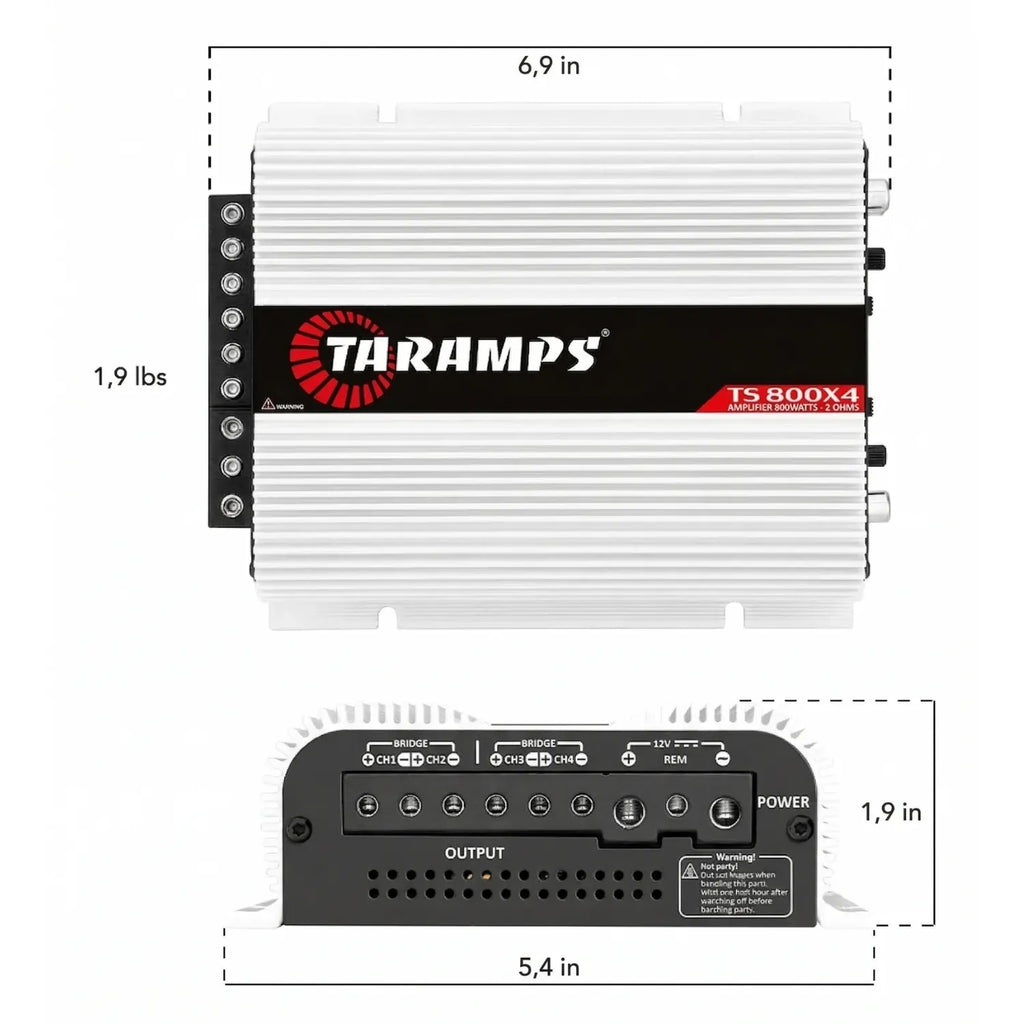 Taramps TS 800x4 rear panel with RCA inputs and high-level wire inputs for OEM radio integration