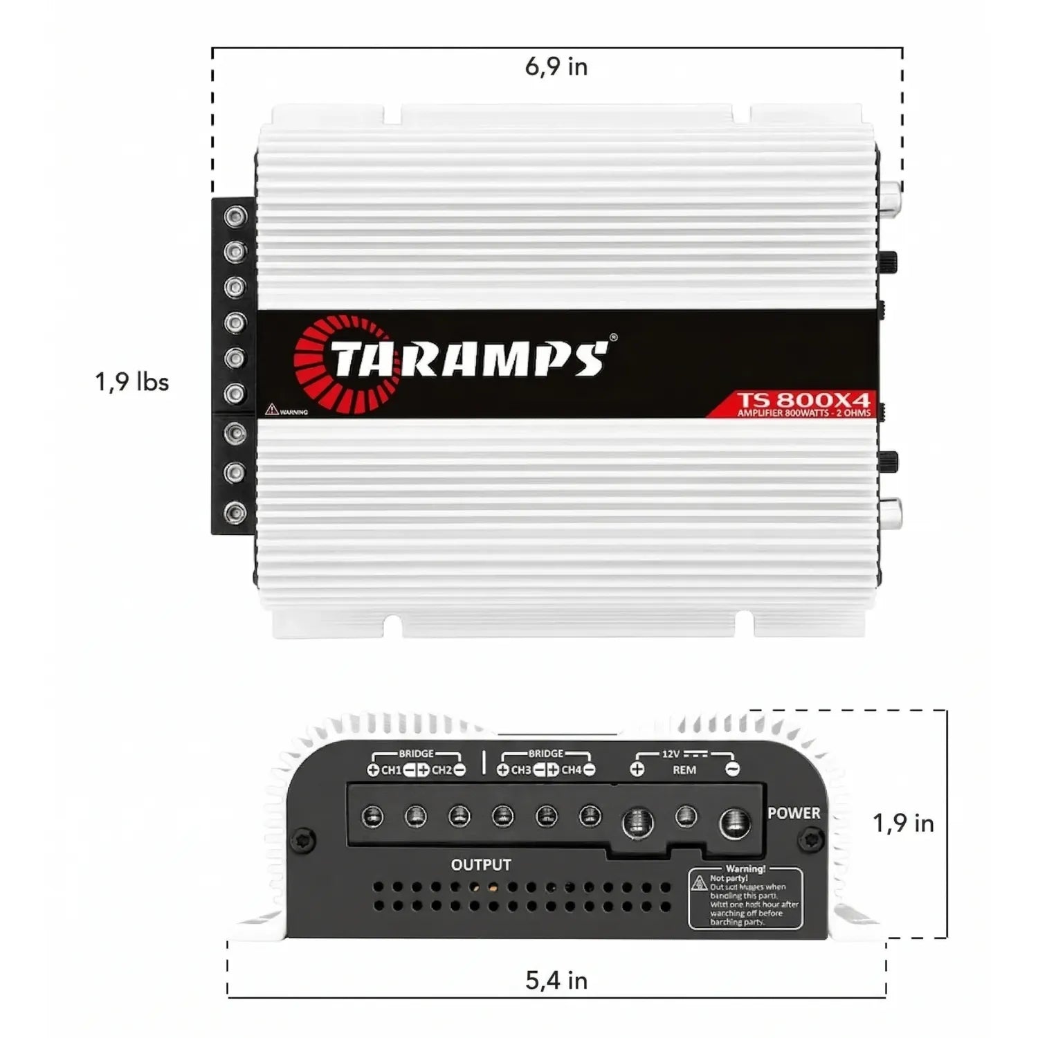 Taramps TS 800x4 rear panel with RCA inputs and high-level wire inputs for OEM radio integration