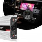  Taramps TS 800x4 package contents including amplifier, high-level input connector, and brand sticker