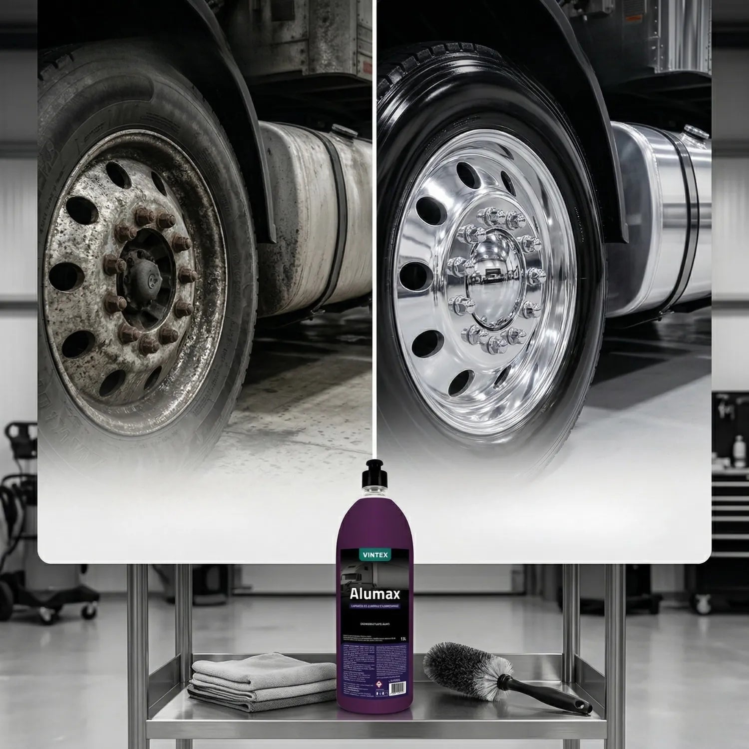 Vintex Alumax heavy-duty cleaner removing oxidation and crusted dirt from vehicle undercarriage