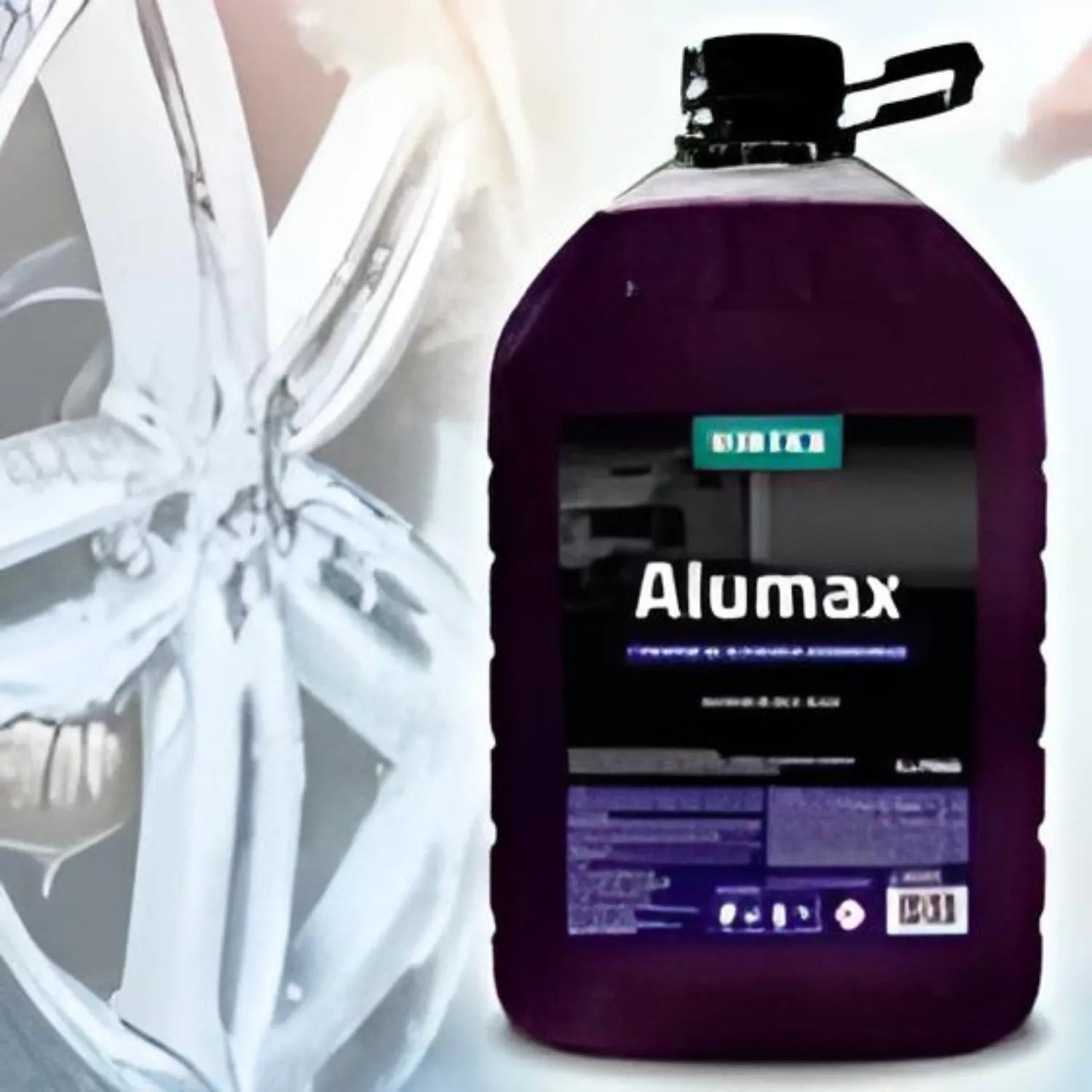 Alumax acid-based cleaner restoring natural brightness to aluminum wheels, engine bays, and stainless steel surfaces